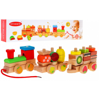 Drewniana lokomotywa z sorterami dla dzieci 3+ Zabawka sensoryczna + 27 klocków